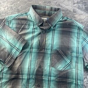 Tony Hawk Button Down Shirt Mens L Teal Black Plaid Excellent Short Sleeve Ombre